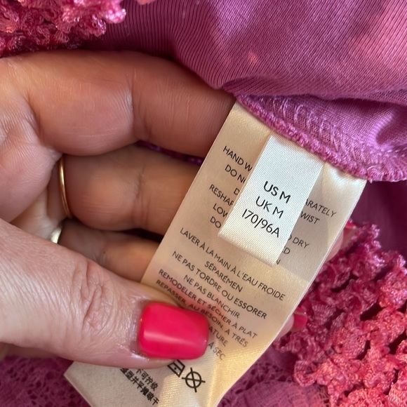 FREE PEOPLE PINK LACE bubble sleeve crop top circular open back elasticized Med - Picture 13 of 15